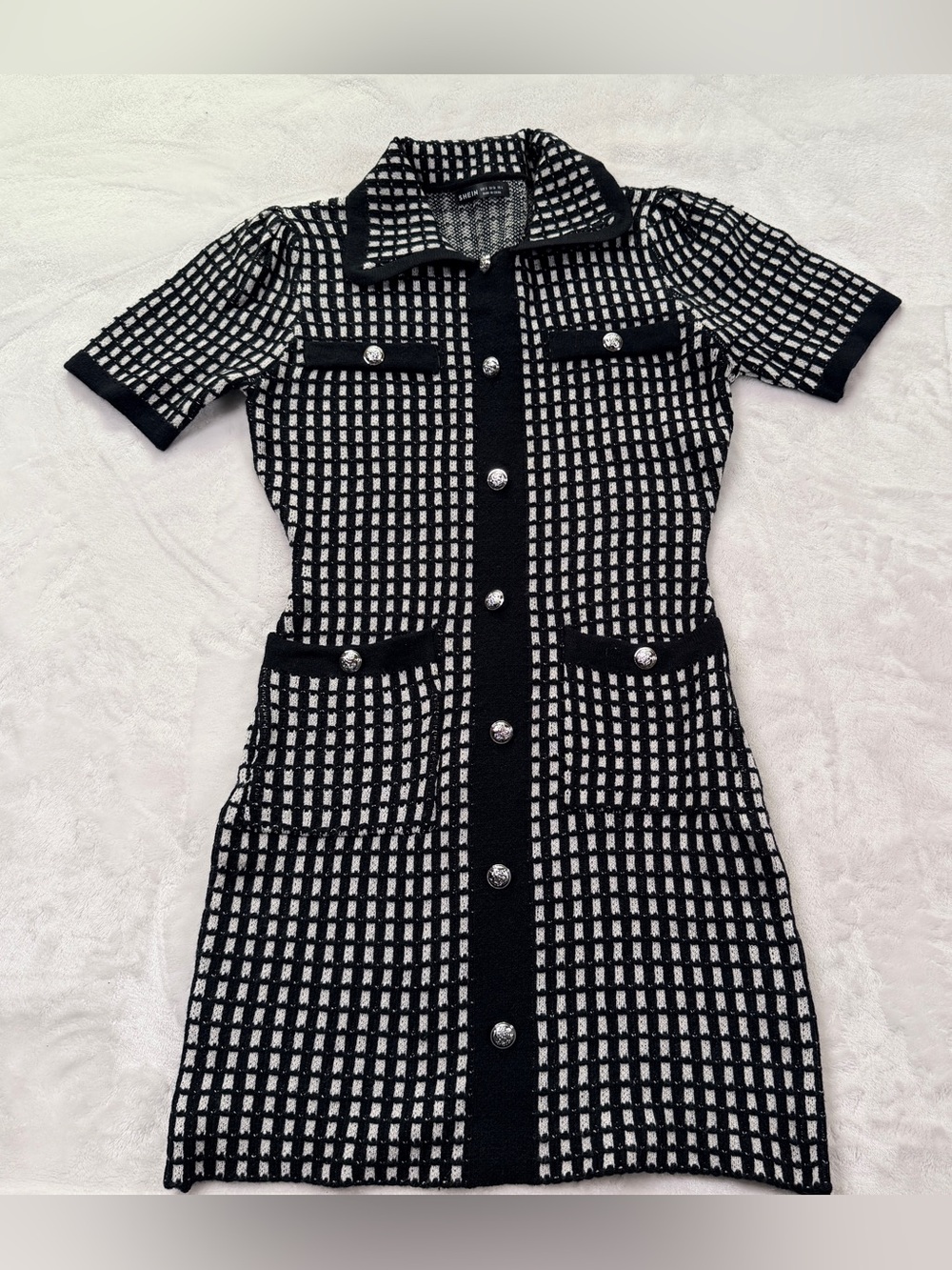 SHEIN Black & White Checkered Button-Front Knit Mini Dress